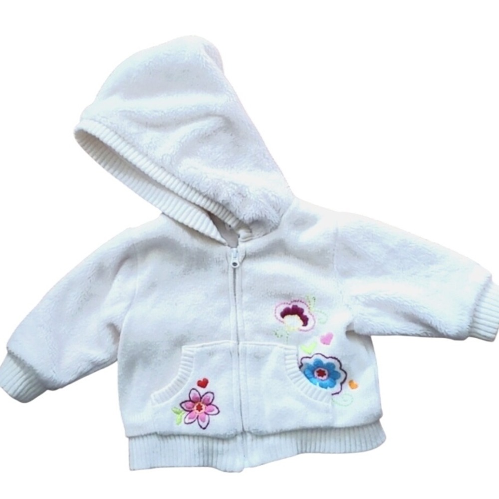 Children's Place Girls White Embroidered‎ Floral Sweater Zip Jacket 3-6M